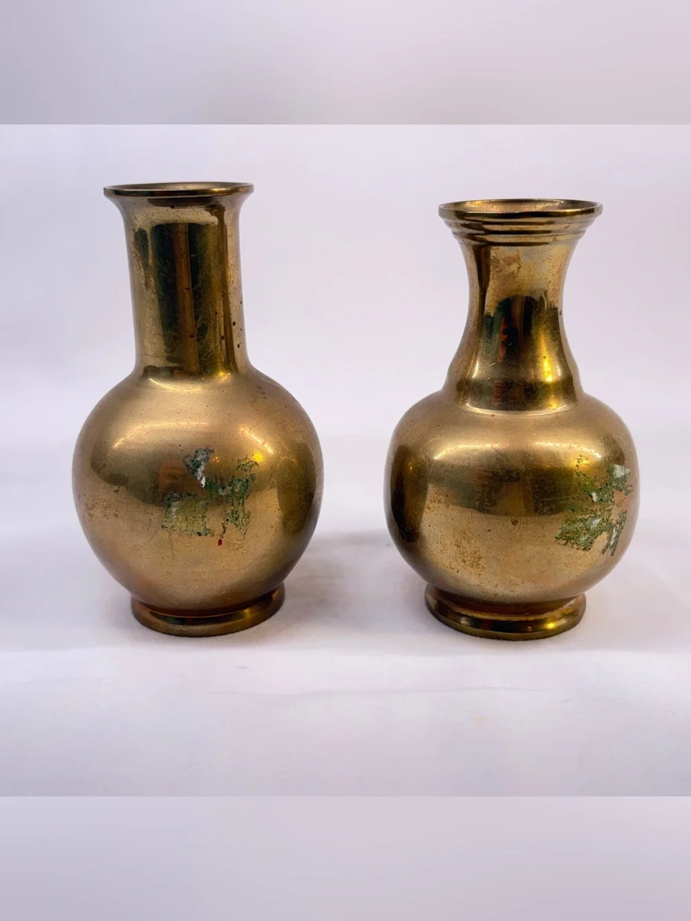 Vintage Solid Brass Bud Vases Pair - Mid Century Modern Squat Boho